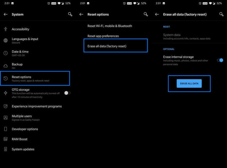 Alle Daten löschen (Factory Reset).