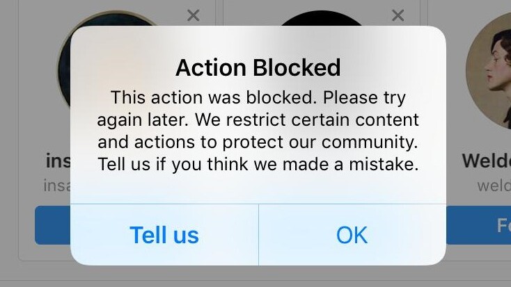 entfernen action blocked auf Instagram